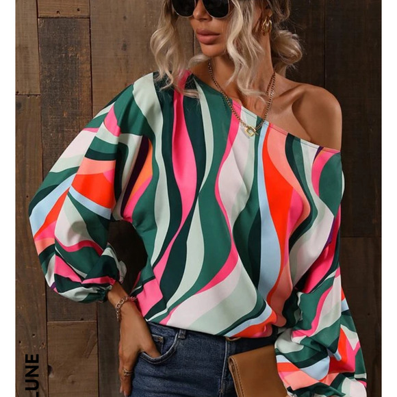 New SHEIN LUNE Allover Print Asymmetrical Neck Bishop Sleeve Blouse Large - Picture 3 of 8